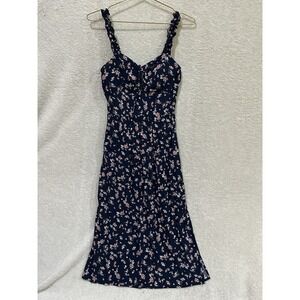 AUW Babydoll Floral Dress Medium Romantic Cottagecore Boho Fairy Smocked Navy
